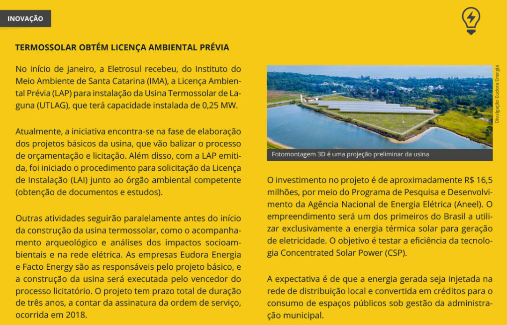 O projeto para a Instalação de Usina Termosolar em Laguna -SC, obteve sua Licença Ambiental Prévia (LAP)